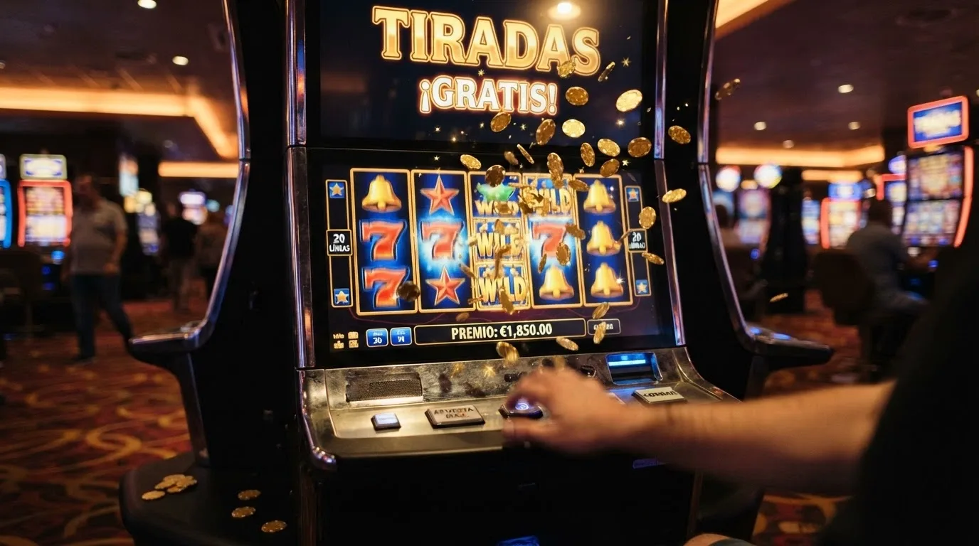 Una pantalla de slot con el mensaje «tiradas gratis» y monedas saliendo de los rodillos