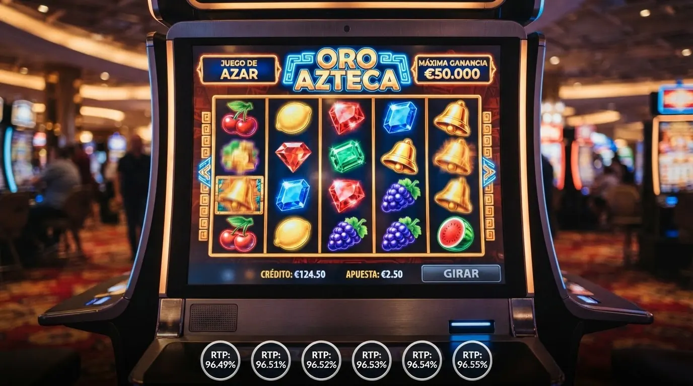 Una cuadrícula de carátulas de slots con el porcentaje de RTP superpuesto en grande sobre cada una, ordenadas de mayor a menor