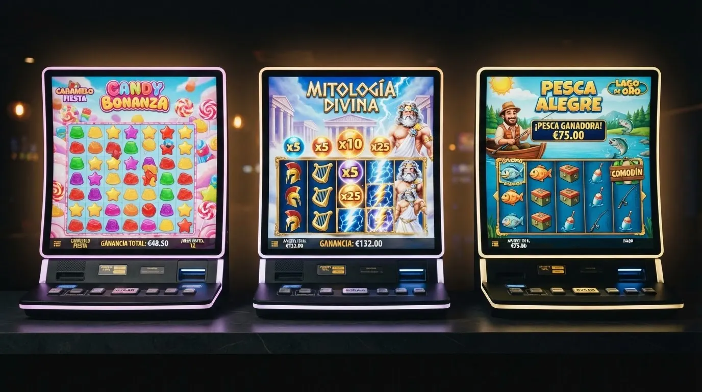 Collage de tres tragaperras online — Sweet Bonanza con sus caramelos, Gates of Olympus con Zeus y Big Bass Splash con el pescador — en sus pantallas de juego