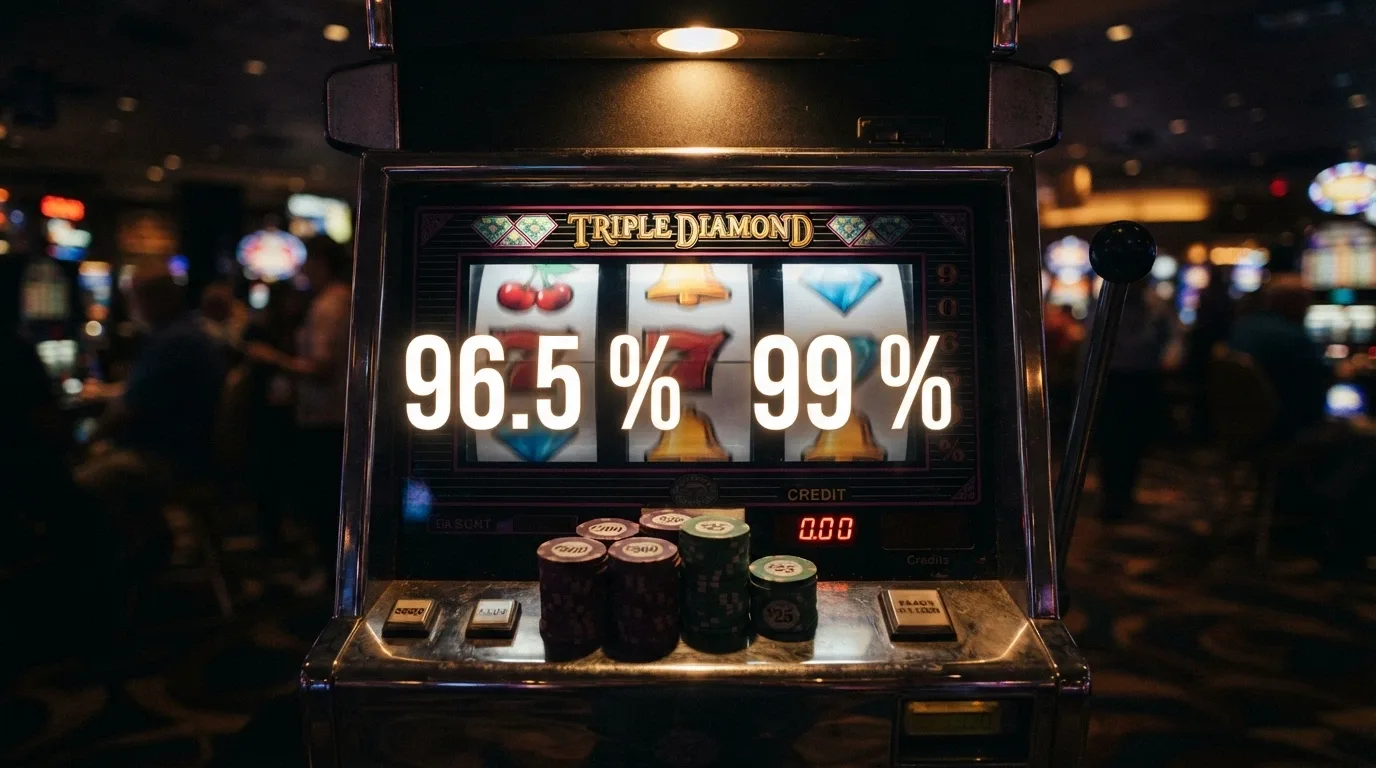 Par de rodillos de tragaperras con el porcentaje RTP superpuesto en grande y fichas de casino apiladas