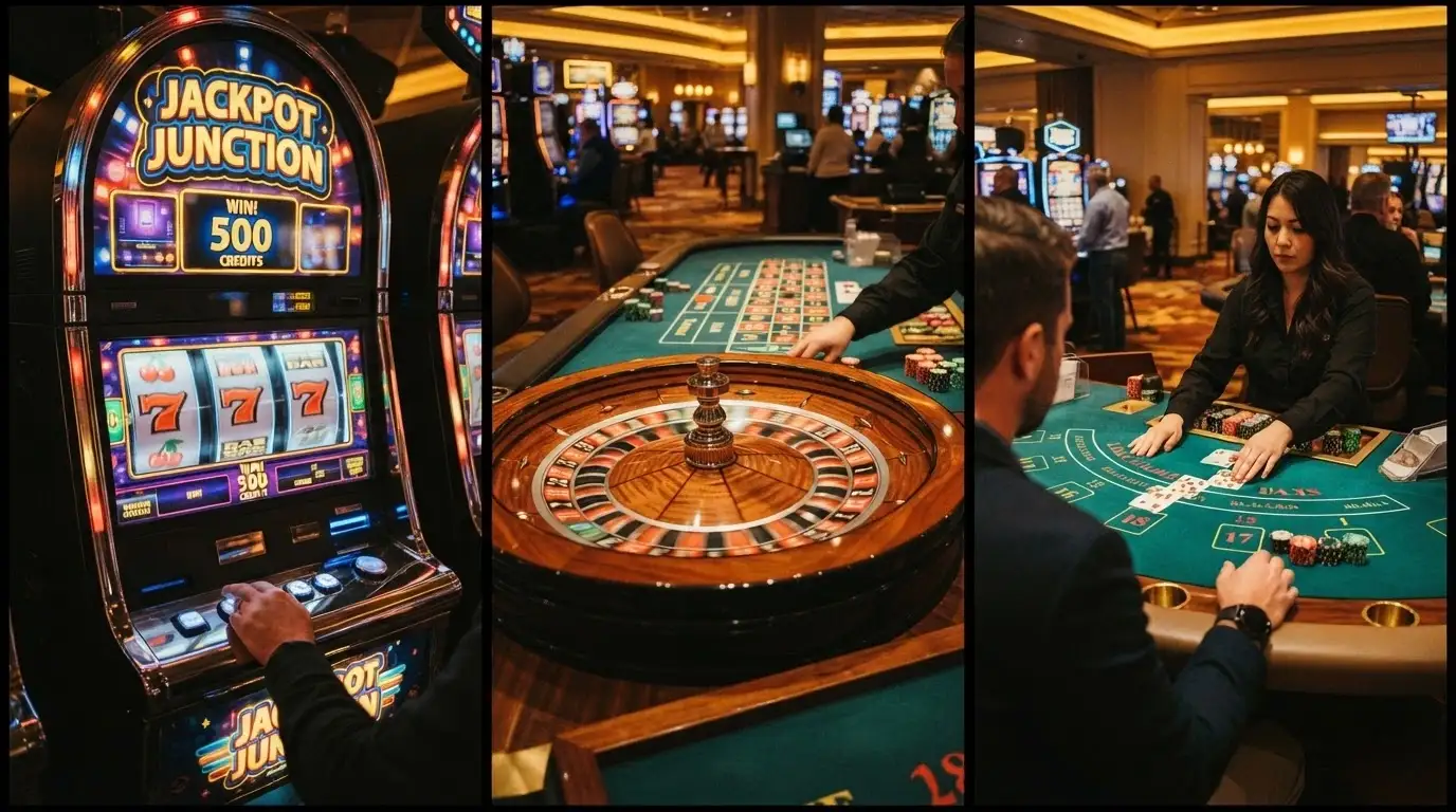 Una cuadrícula con tres escenas: una tragaperras colorida, una ruleta girando y un crupier en vivo frente a una mesa de blackjack