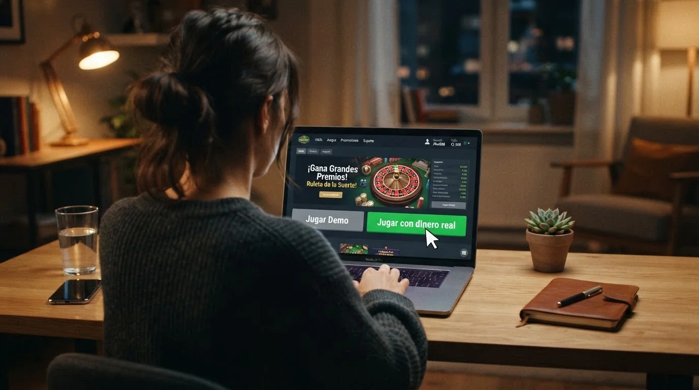 Un jugador frente a la pantalla pasando del botón «jugar demo» al botón «jugar con dinero real» en un casino con licencia DGOJ