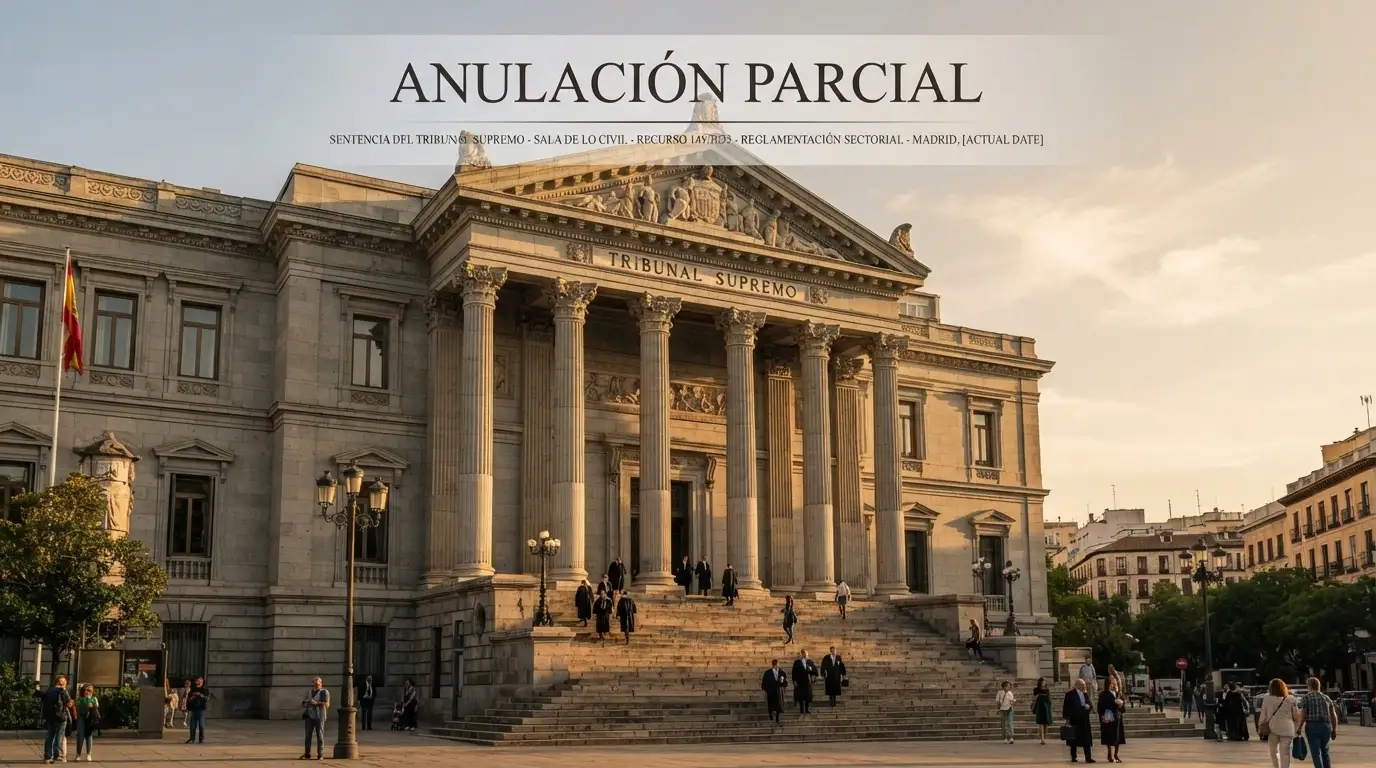 Fachada del Tribunal Supremo en Madrid con un sobreimpreso de una notificación judicial y la palabra «anulación parcial»