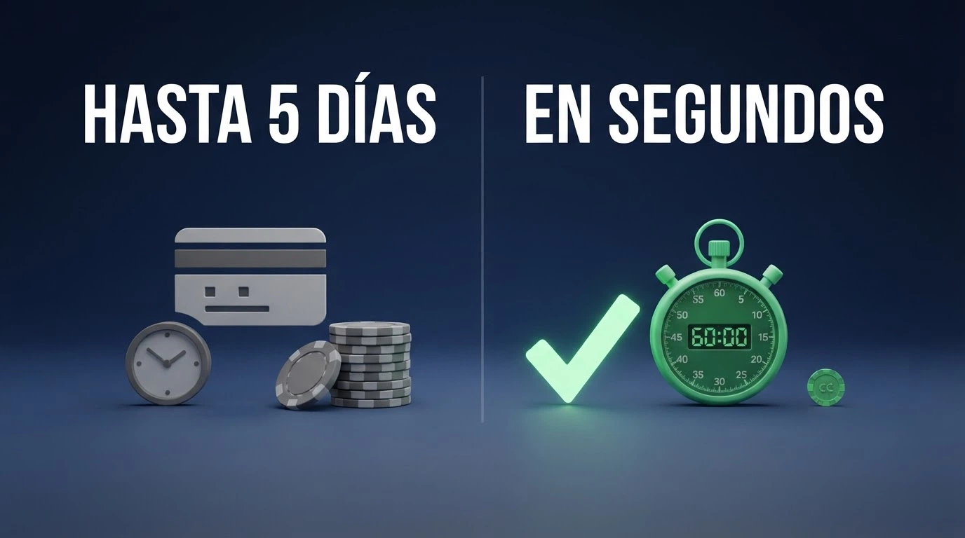 Una comparativa visual de dos columnas: a la izquierda una transferencia bancaria con reloj y comisiones, a la derecha una transacción Dogecoin con un check verde y el tiempo en segundos