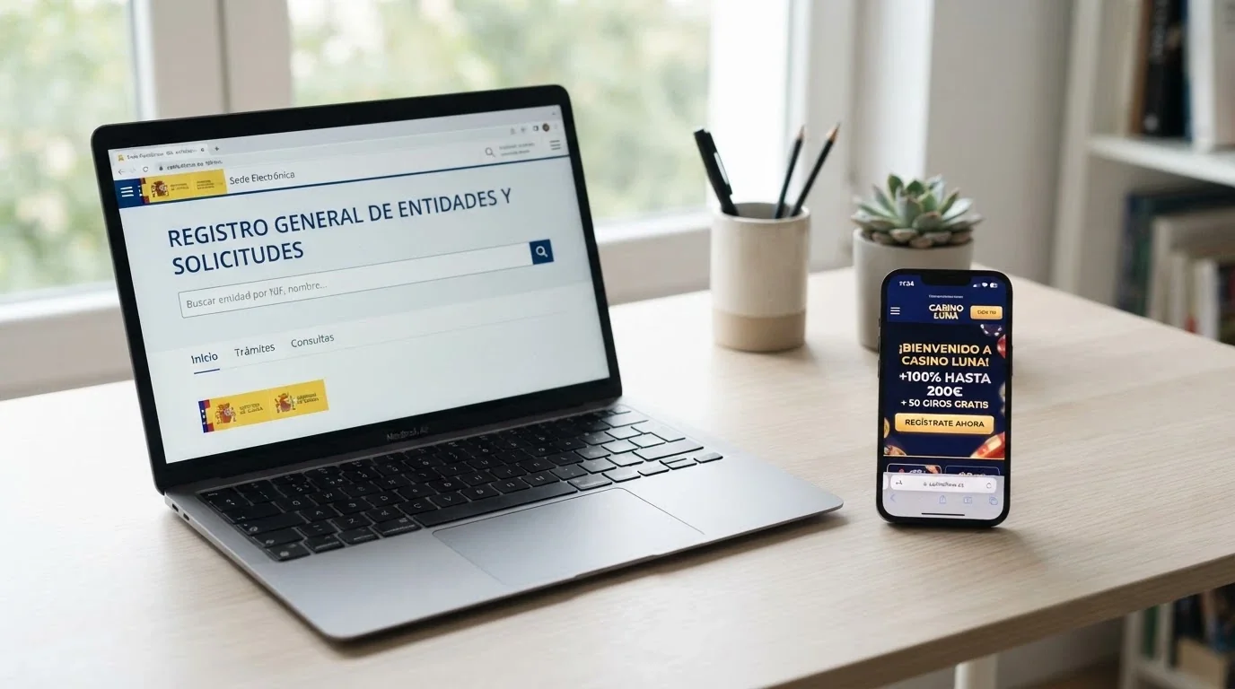 Un portátil mostrando la web ordenacionjuego.es con el buscador de operadores autorizados, junto a un móvil con un casino abierto en dominio .es