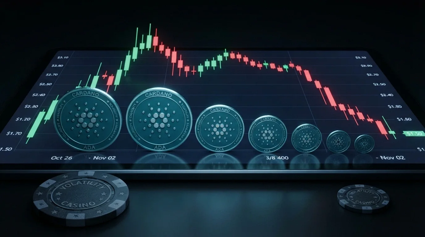 Gráfico de velas con el logo de Cardano oscilando y una ficha de casino que cambia de tamaño