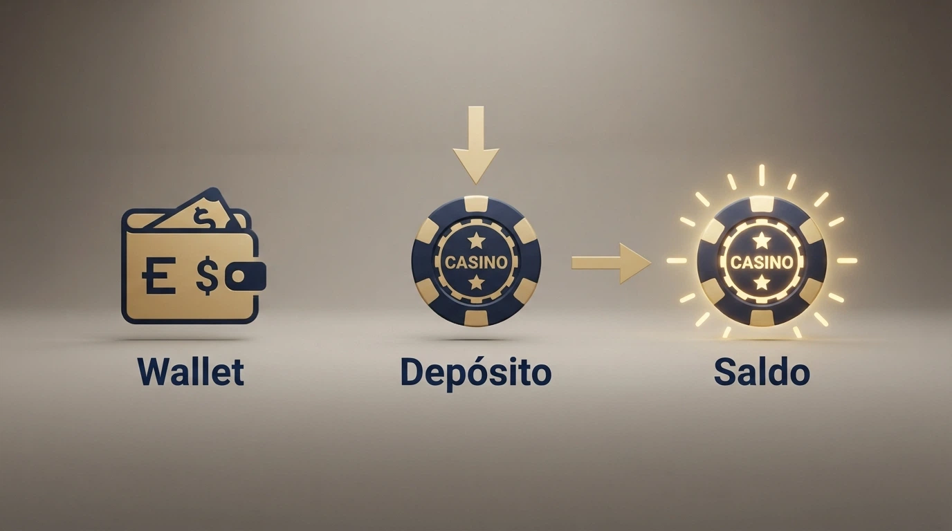 Infografía con tres pasos: wallet, depósito, saldo de casino, con iconos de cada etapa